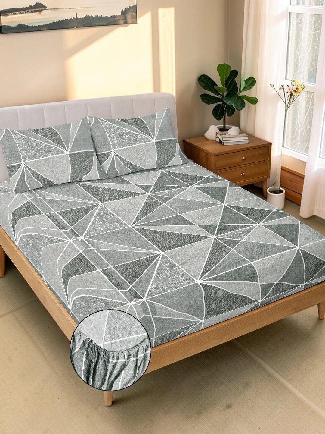 Moda Rapido X KLOTTHE Grey & White Geometric 300 TC King Bedsheet with 2 Pillow Covers