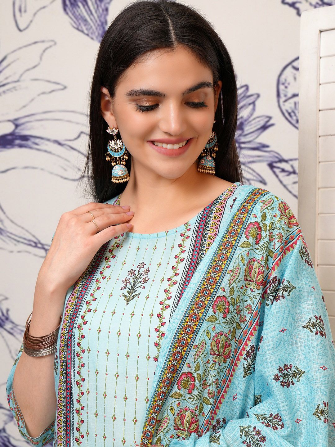 Vishudh Floral Printed Regular Pure Cotton Straight Kurta with Trousers & Dupatta