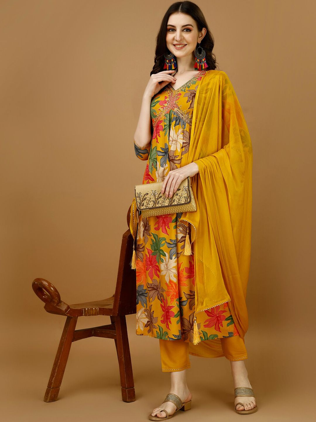 KALINI Floral Printed Empire Thread Work Kurta with Trousers & With Dupatta