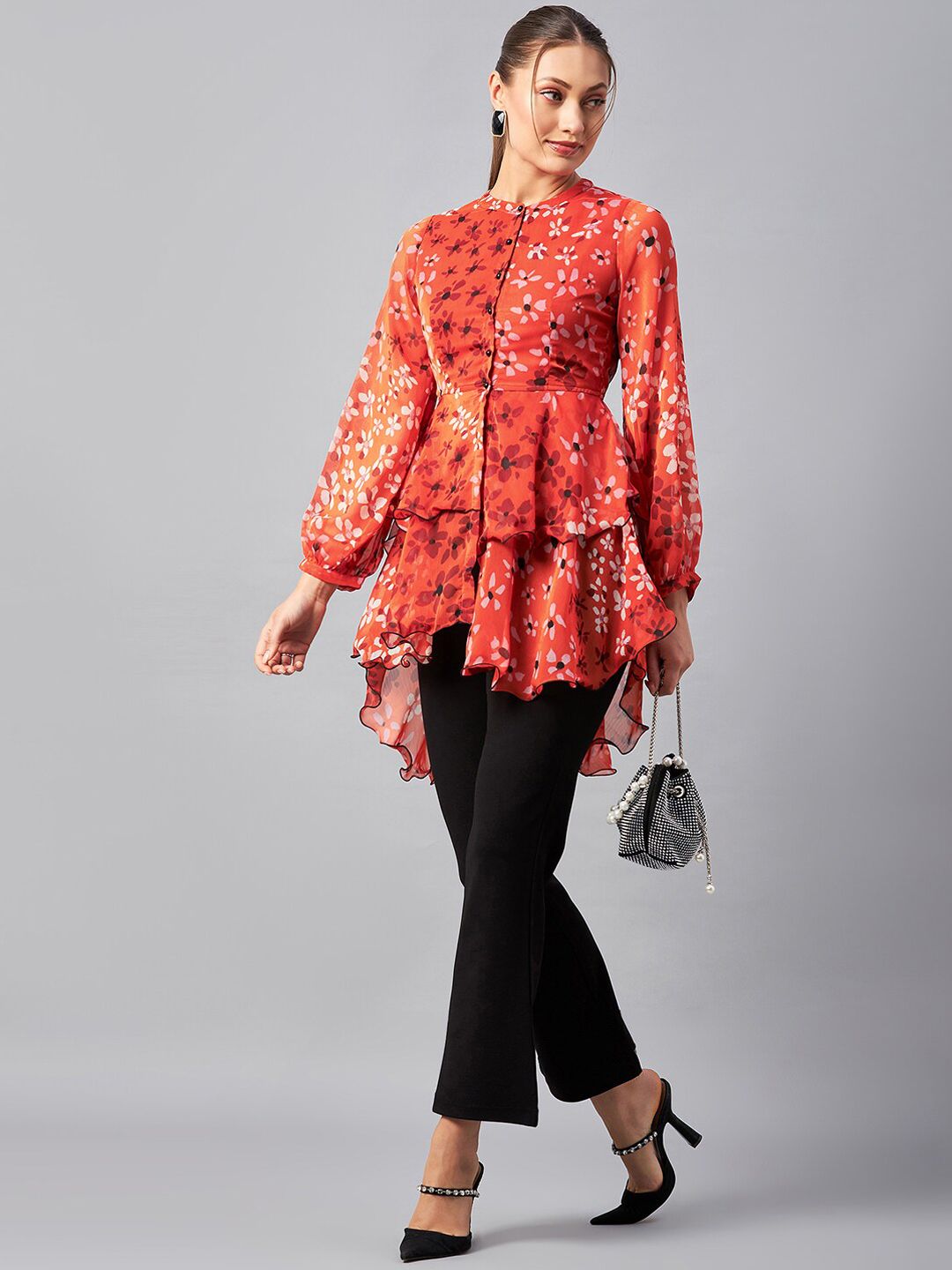 Antheaa Floral Printed Mandarin Collar Tunic With Trousers Co-Ords