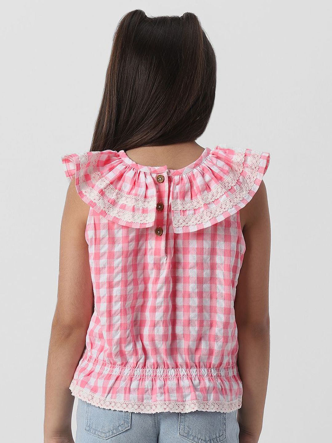 Nauti Nati Girls Gingham Checked Peter Pan Collar Sleeveless Cotton Cinched Waist Top