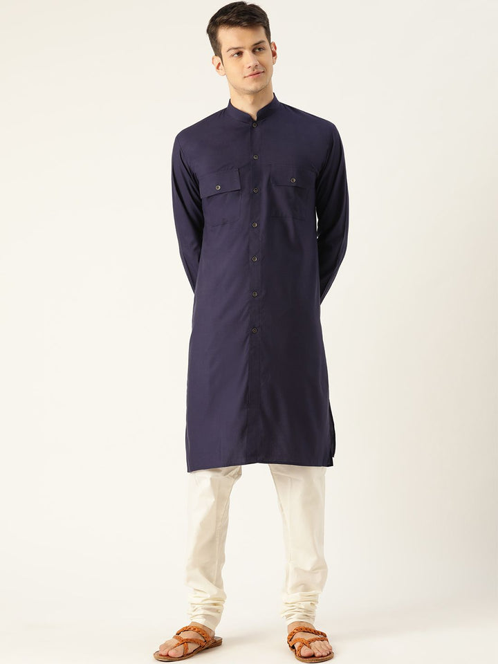 SOJANYA Lelaki Navy Blue Solid Kurta Lurus