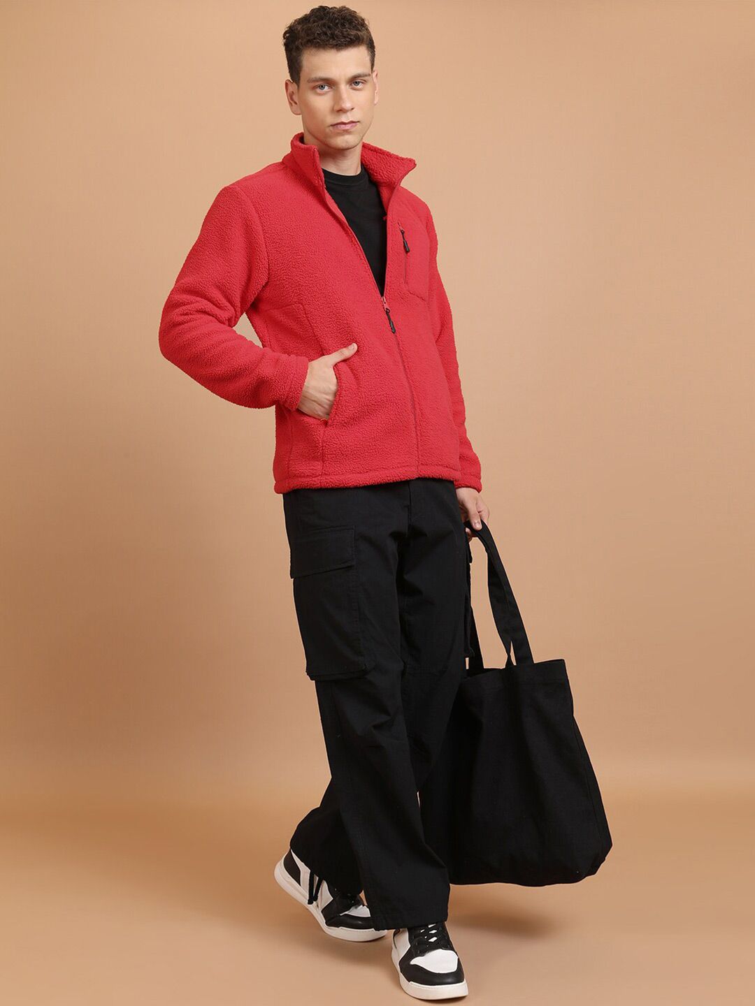 HIGHLANDER Red Mock Collar Front-Open Sweatshirt