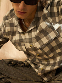DENNISON Smart Oversized Checked Cuban Collar Flannel Weave Cotton Casual Shirt