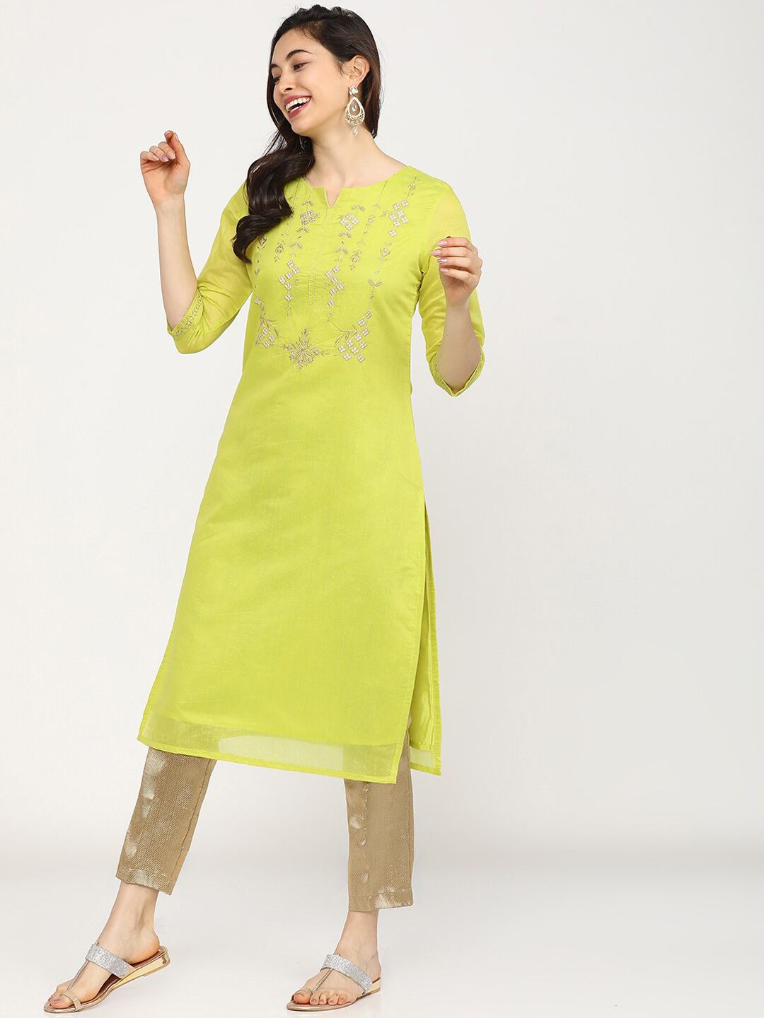 Vishudh Women Lime Green Embroidered Kurta
