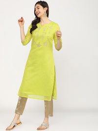 Vishudh Women Lime Green Embroidered Kurta