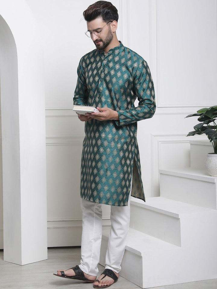 SOJANYA Men Teal & Gold-Toned Jacquard Kurta