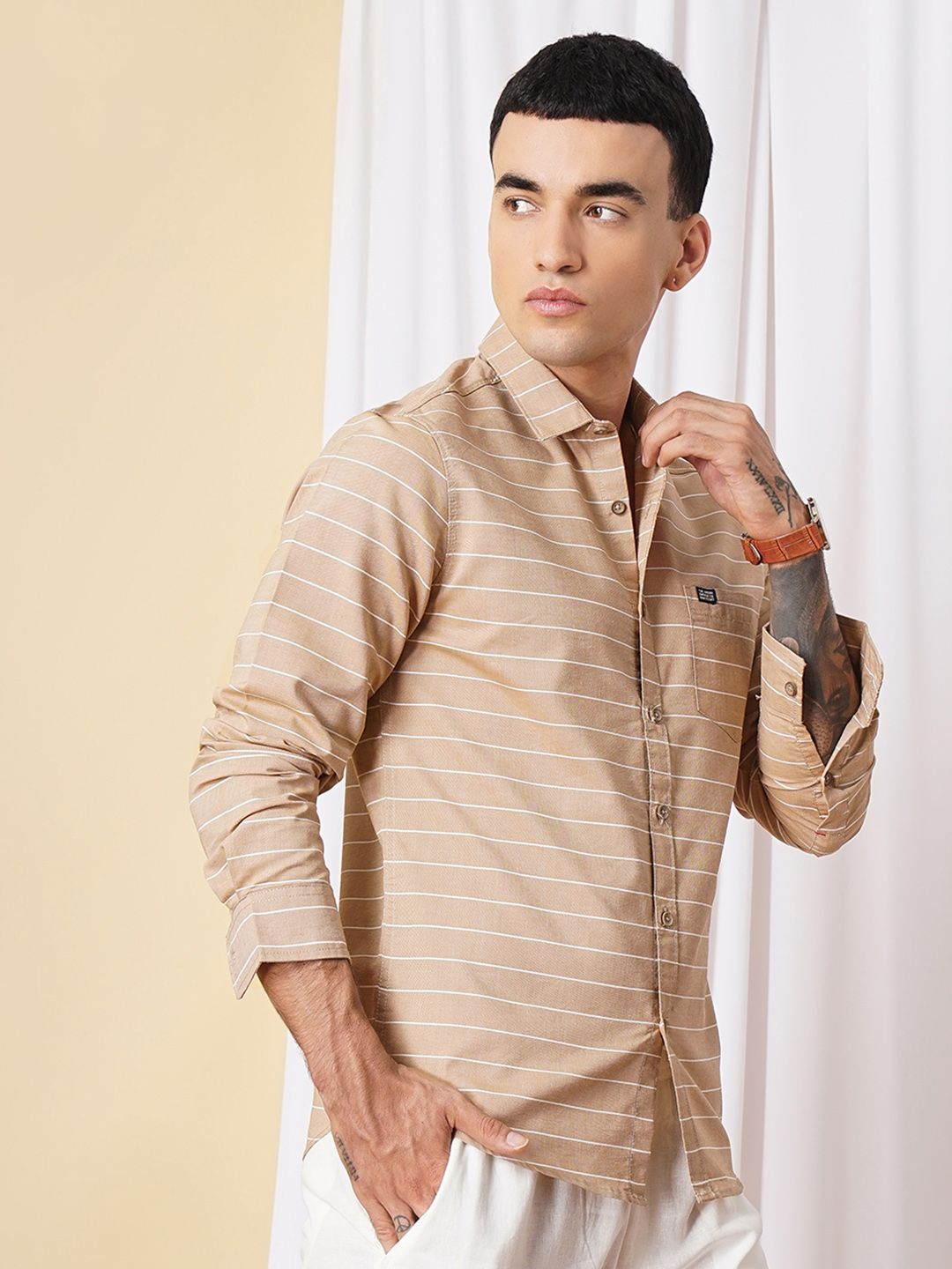 The Indian Garage Co Men Khaki Slim Fit Striped Pure Cotton Casual Shirt