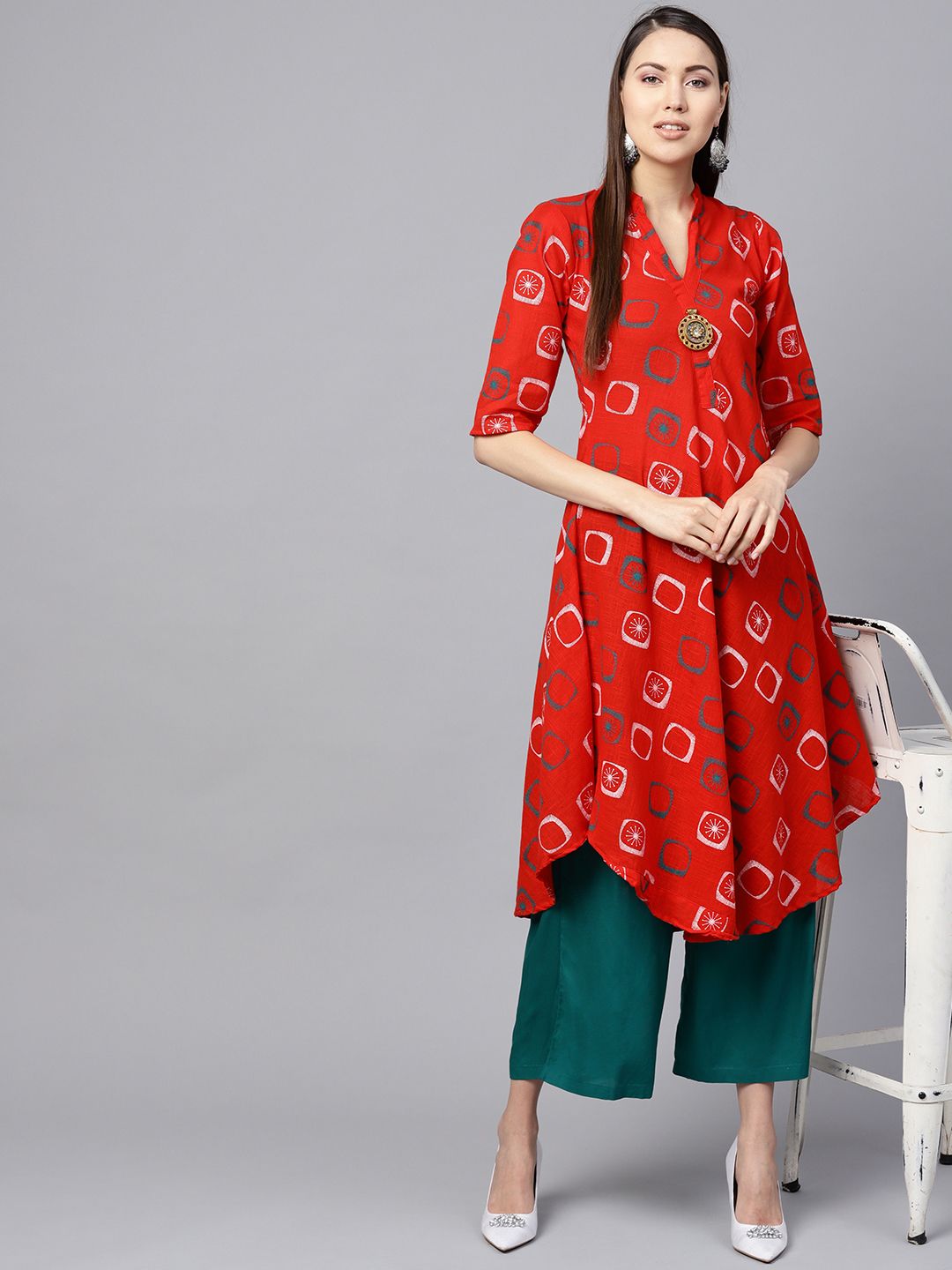 SOJANYA Women Red & White Printed A-Line Kurta