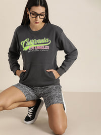DILLINGER Women Charcoal Printed Oversized Sweatshirt