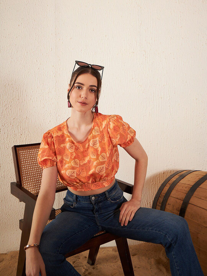 DENNISON Floral Printed Puff Sleeves Blouson Crop Top