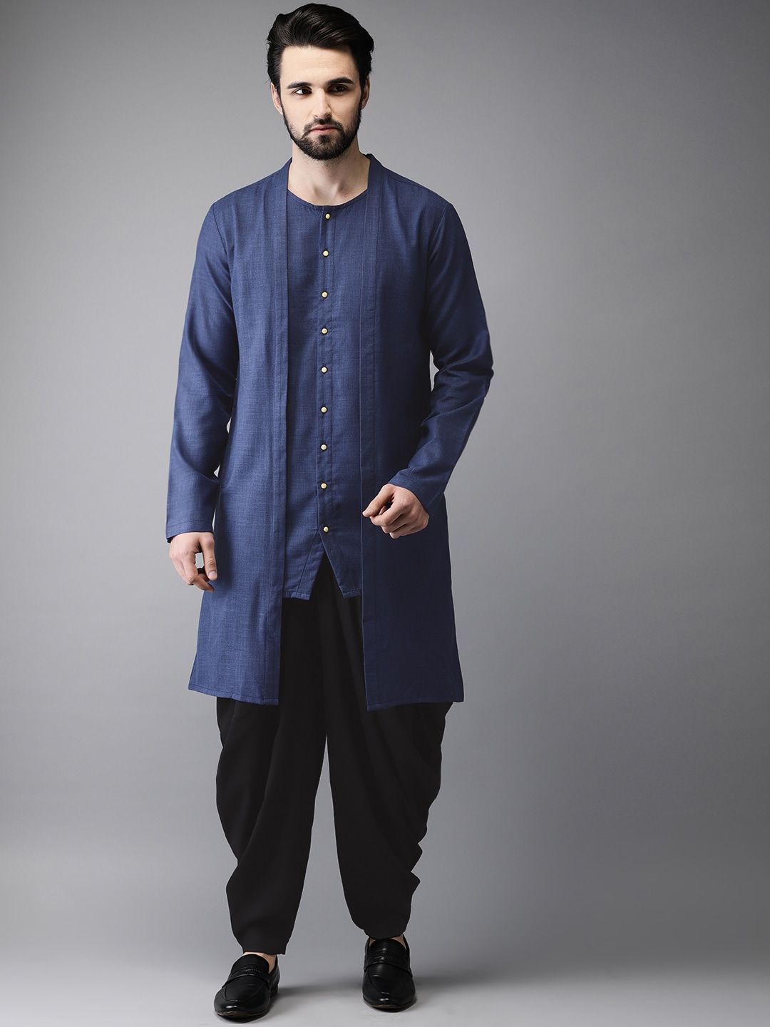 Anouk Men Navy & Black Solid Layered Kurta with Dhoti Pants