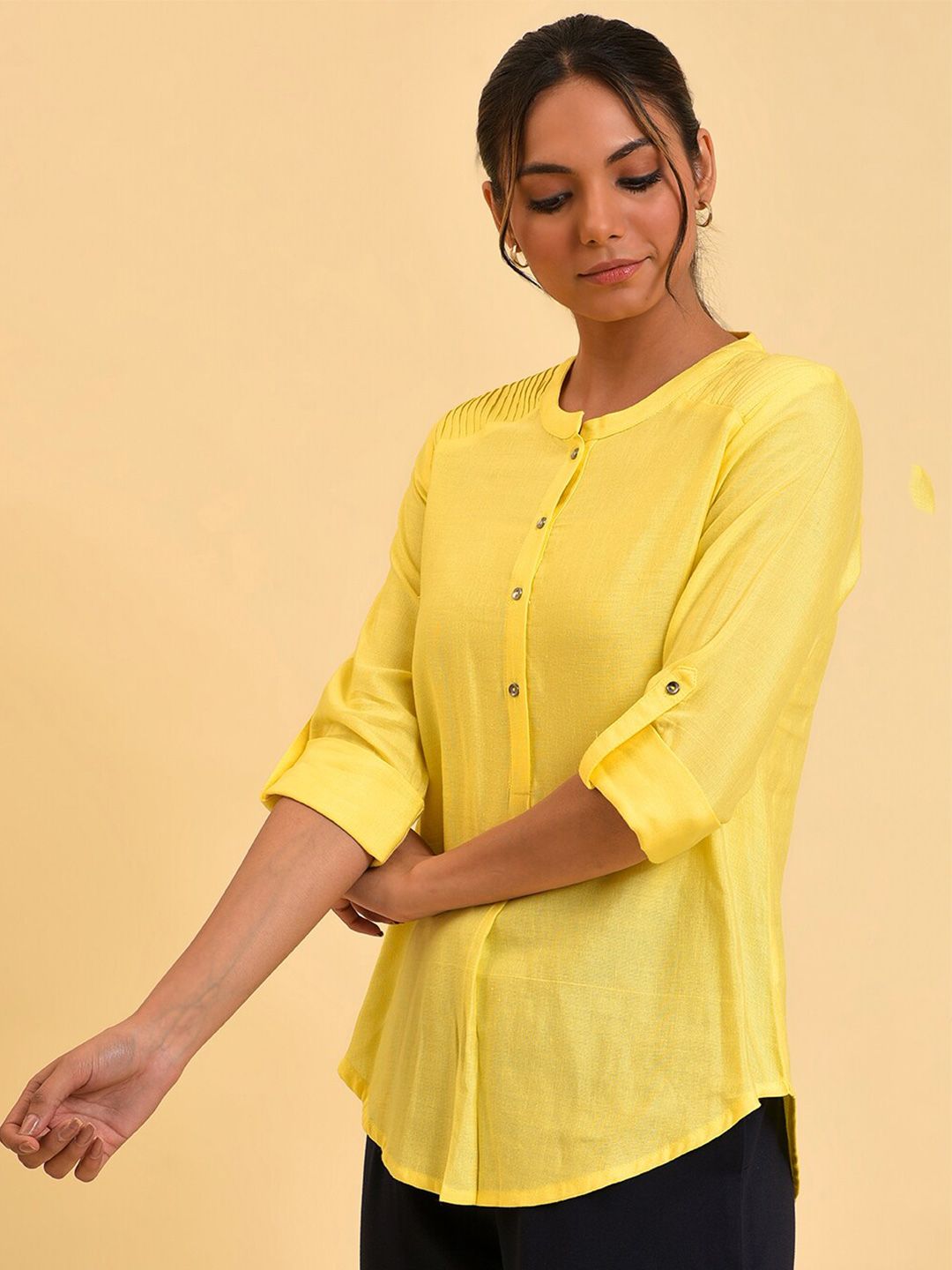 W Yellow Roll-Up Sleeves Shirt Style Top