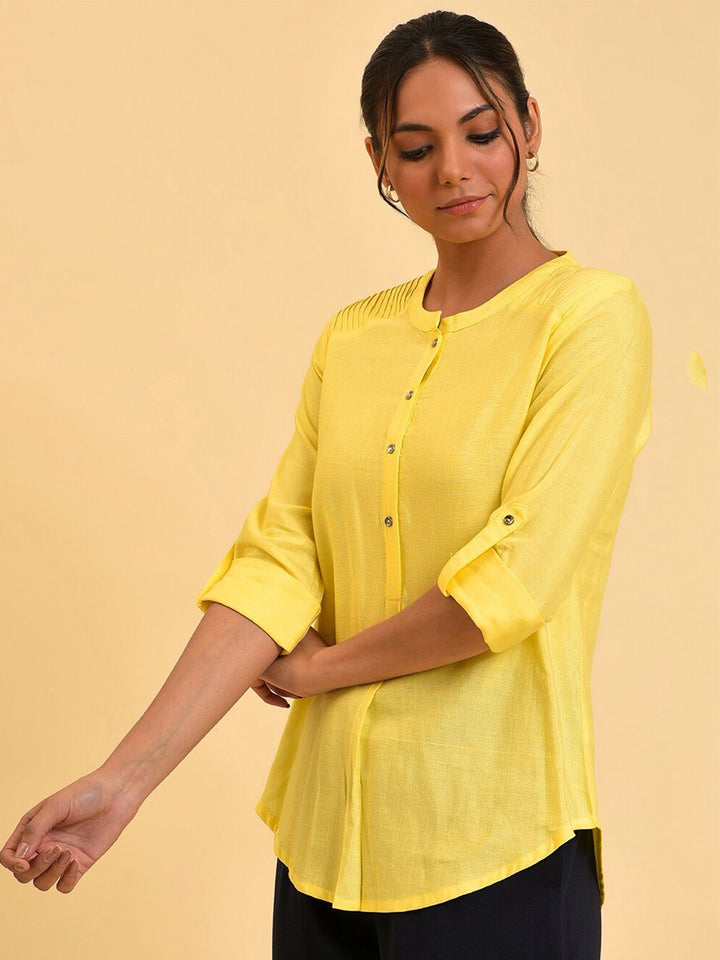W Yellow Roll-Up Sleeves Shirt Style Top