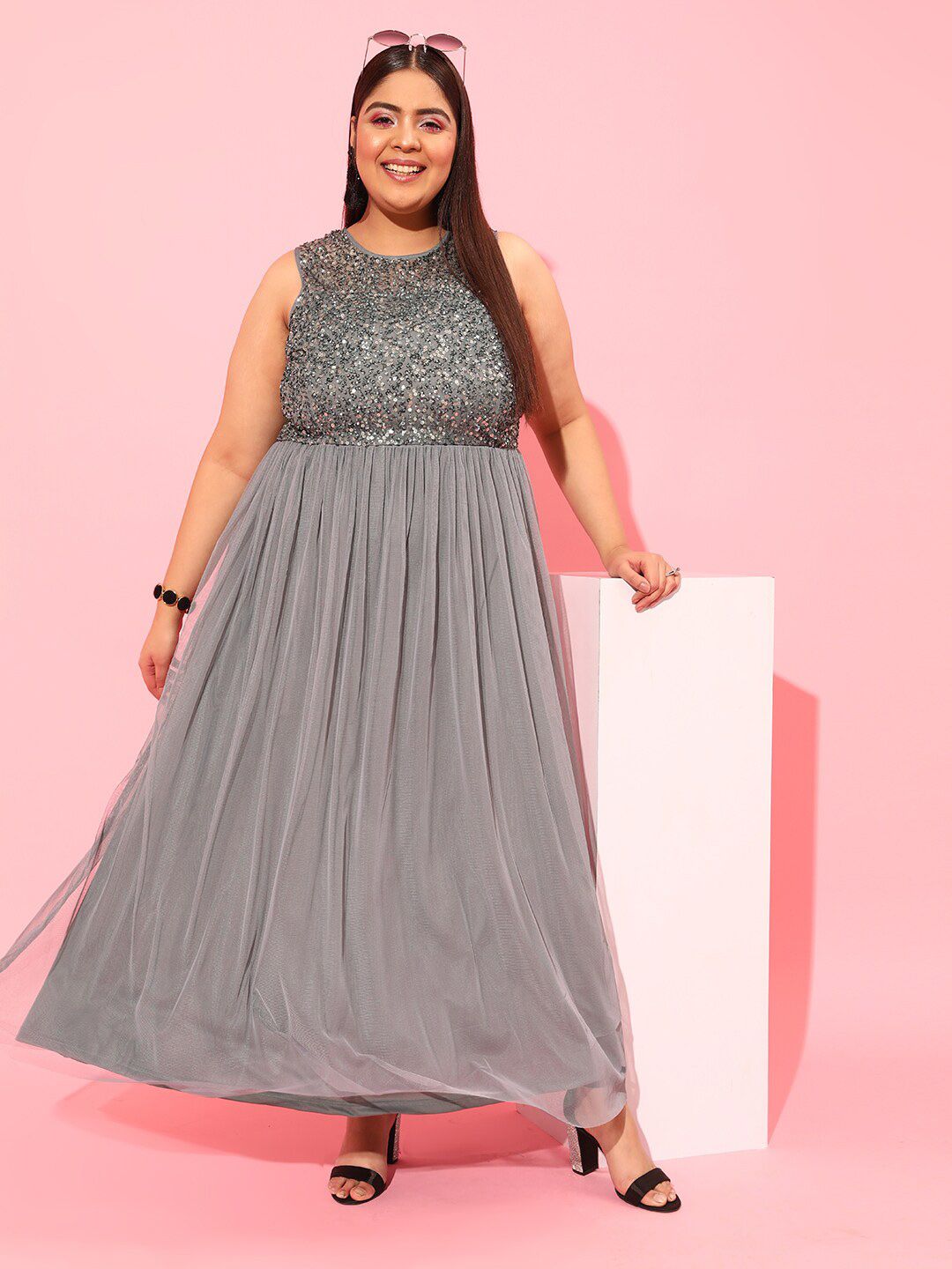 CURVY STREET Grey Plus Size Embellished Net Maxi Dress