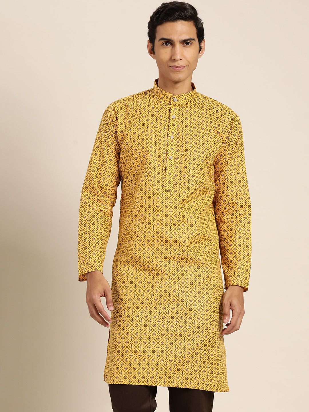 SOJANYA Lelaki Motif Etnik Kerajang Printed Cotton Linen Kurta