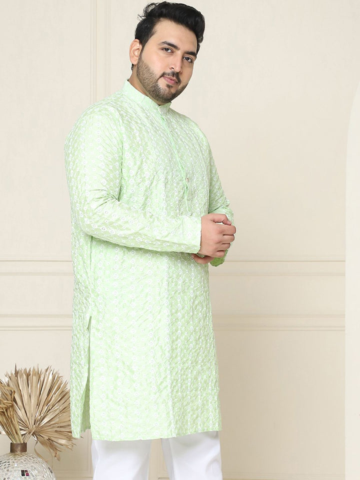 SOJANYA PLUS Men Sea Green & White Chikankari Embroidered Kurta