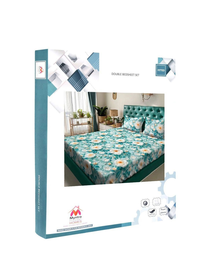 Myntra Elegant Homes Turquoise Blue Floral 400 TC Cadar dengan 2 Sarung Bantal