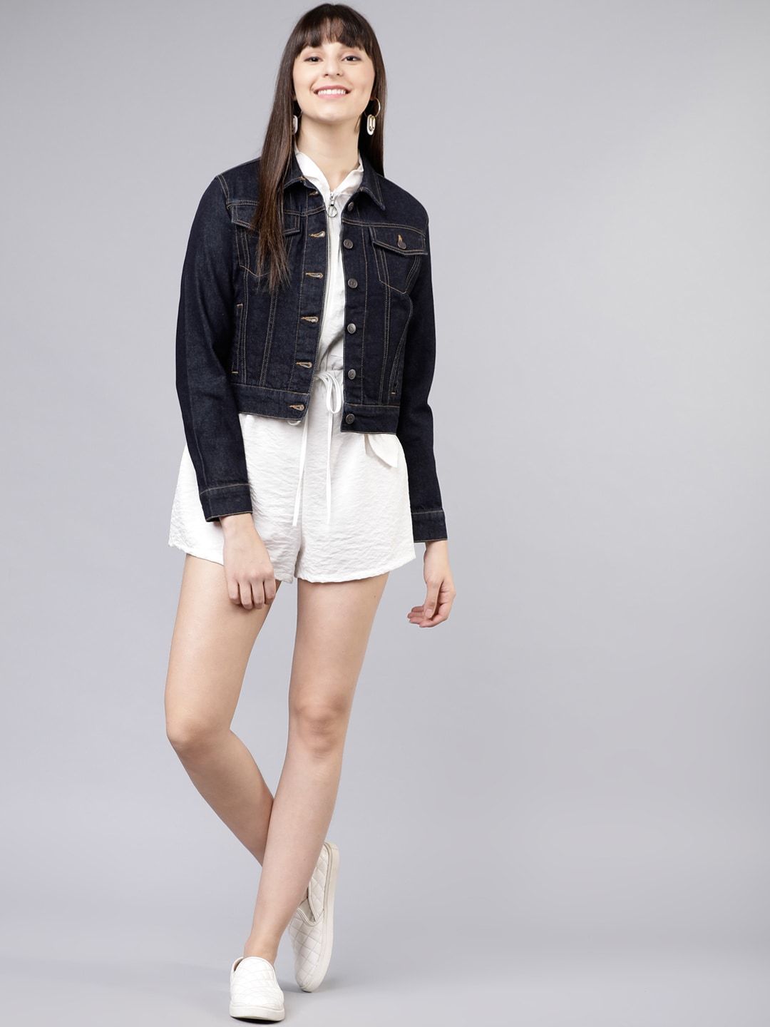 Tokyo Talkies Wanita Jaket Denim Pepejal Tentera Laut Biru