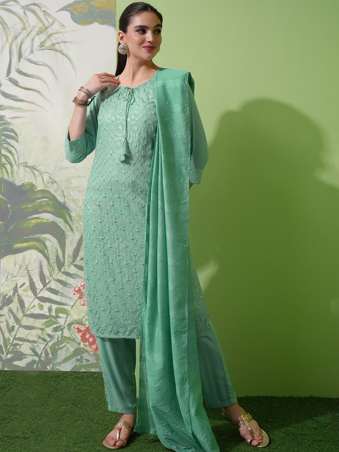 Vishudh Green Embroidered Tie-Up Neck Straight Kurta With Trousers & Dupatta