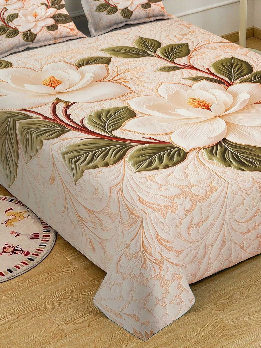 Myntra Elegant Homes Berwarna Krim Bunga 400 TC Cadar King dengan 2 Sarung Bantal