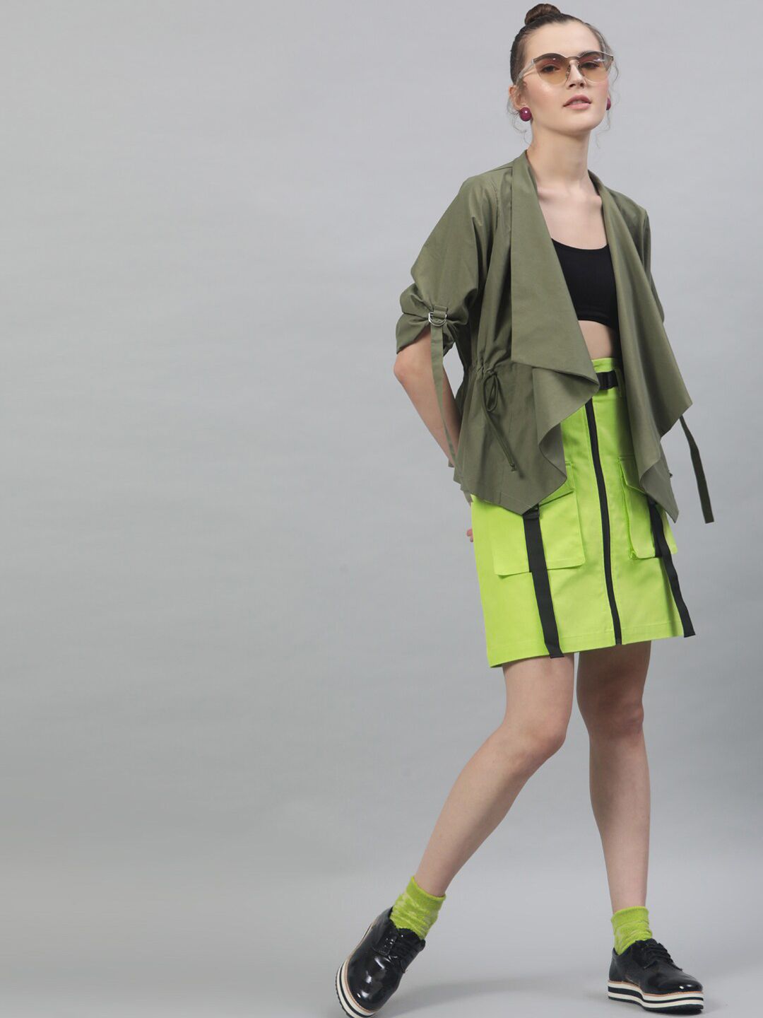 STREET 9 Women Fluorescent Green Solid Straight Pure Cotton Skirt