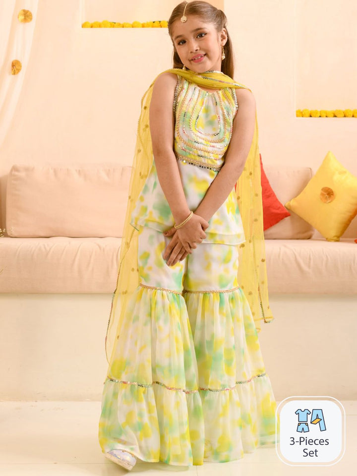 pspeaches Girls Abstract Printed Sequinned Regular A-Line Kurta & Sharara With Dupatta