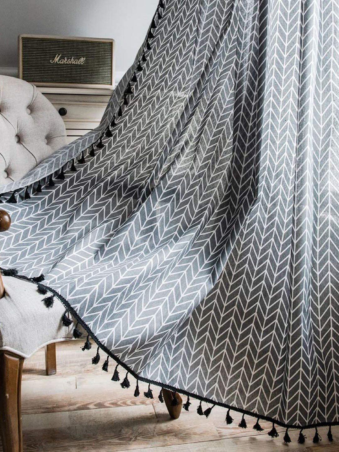 URBAN SPACE Boho Grey & White Geometric Printed Cotton Long Door Curtain