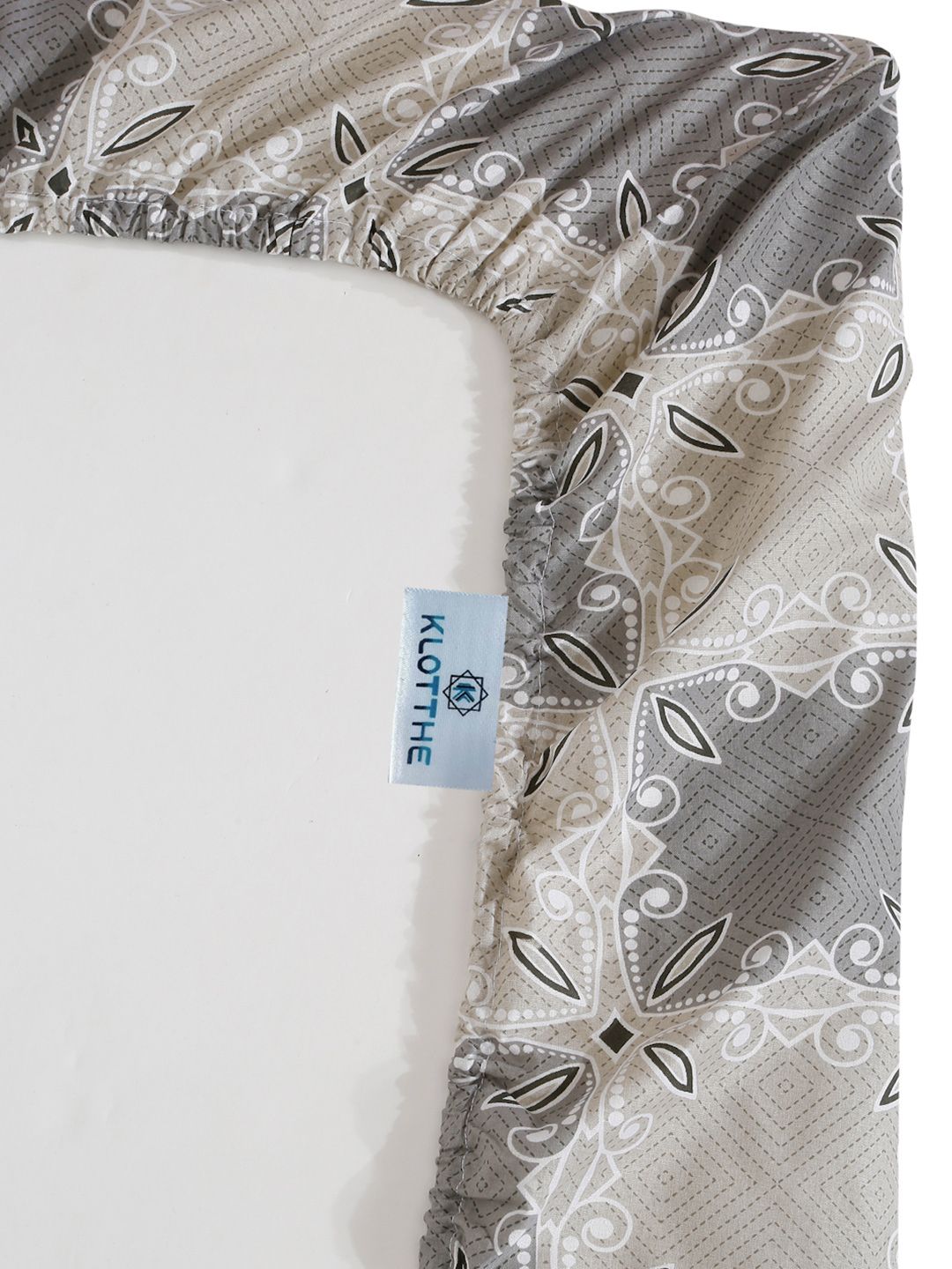 KLOTTHE Grey Floral Printed 400 TC Pure Cotton Fitted King Bedsheet & 2 Pillow Covers
