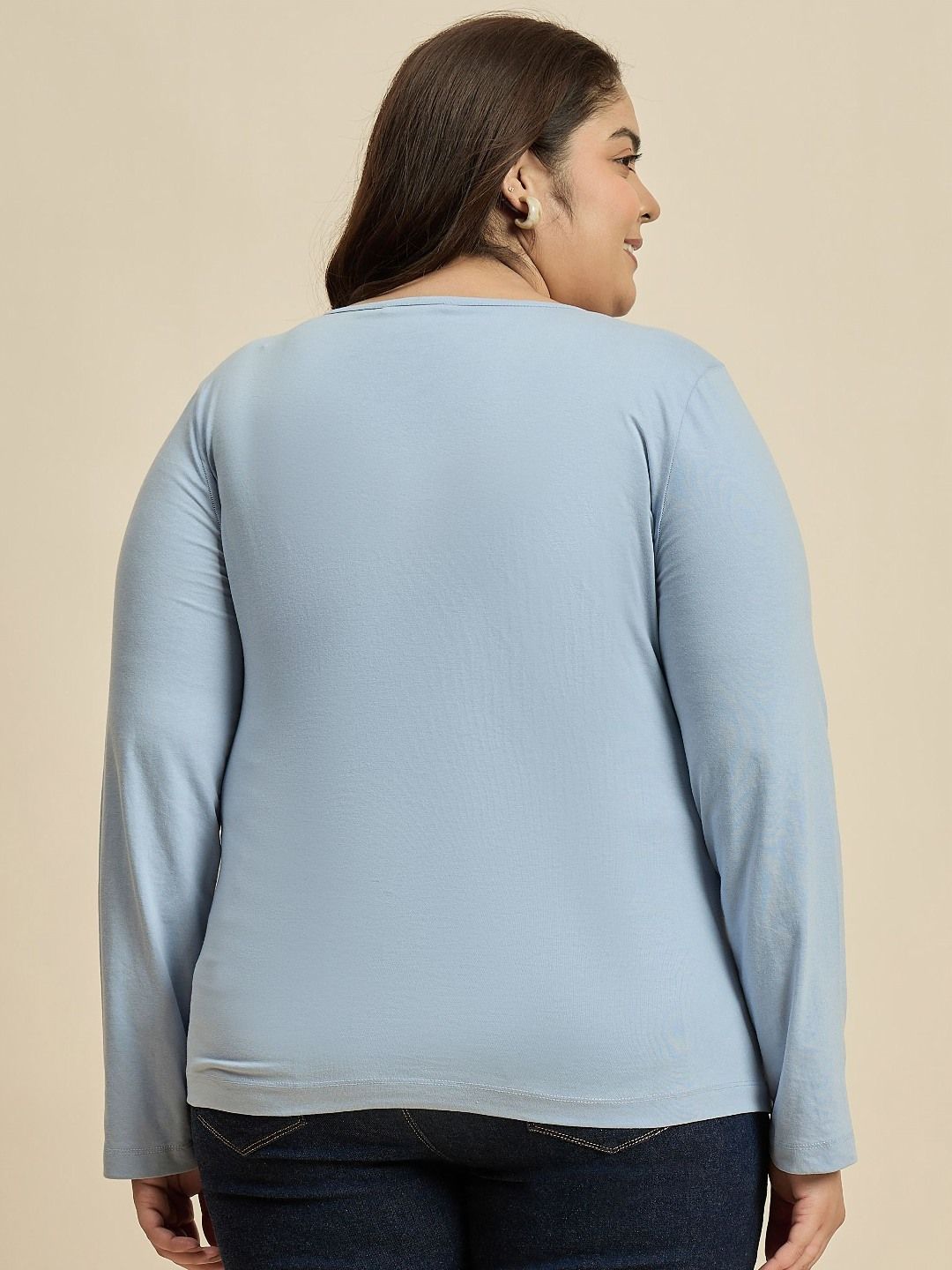 CURVY STREET Solid V-Neck Pure Cotton Plus Size T-shirt