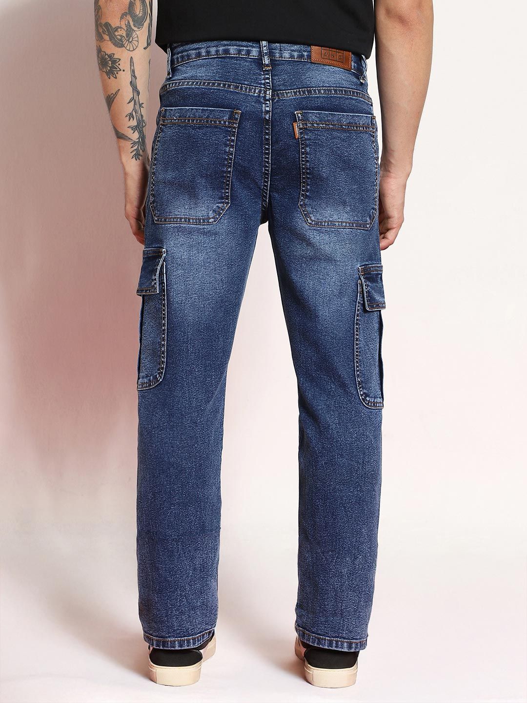 Urbano Fashion Men Blue Regular Fit Washed Cargo Jeans