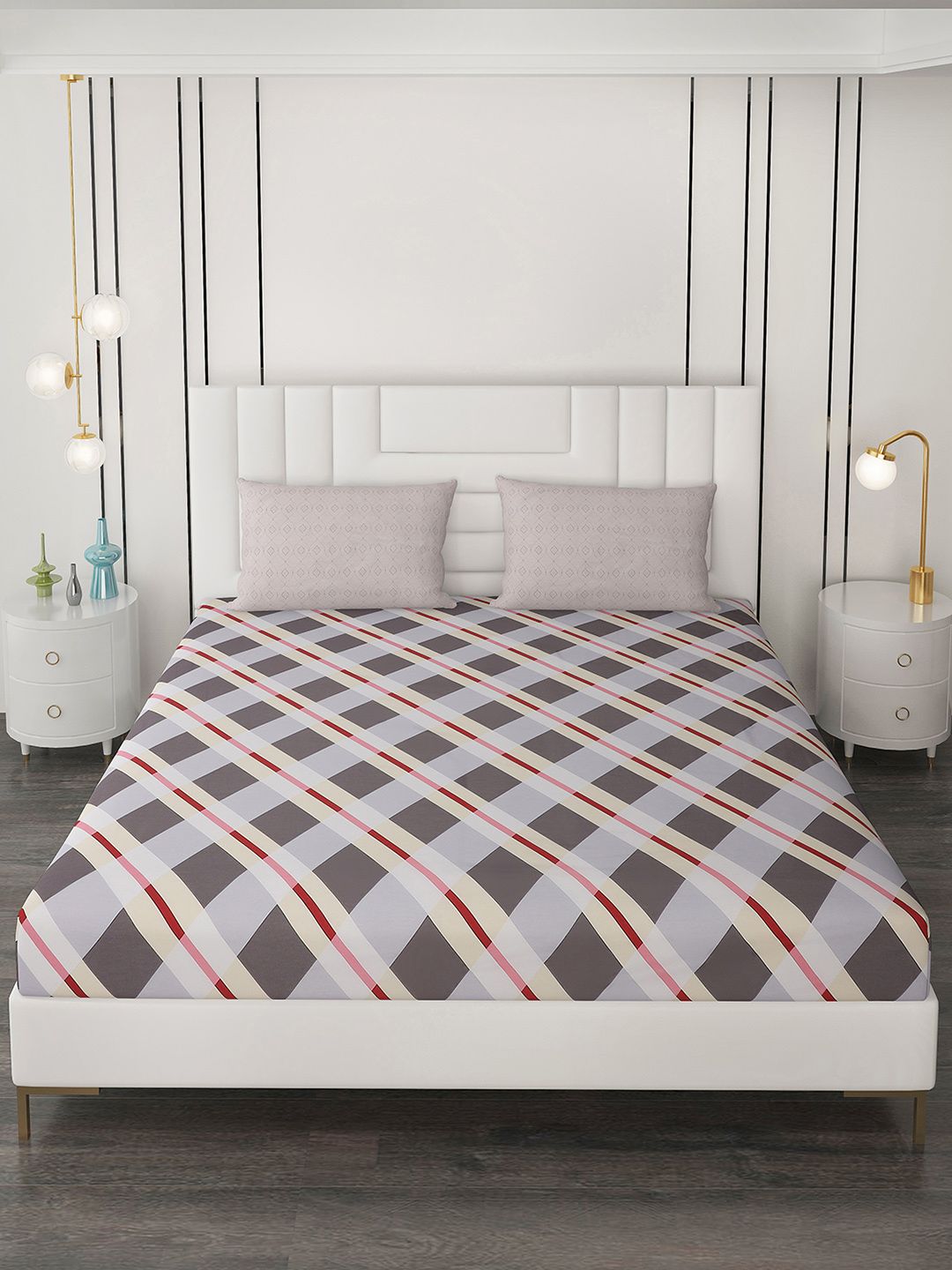 Monte Carlo Purple & Grey Geometric Cotton 200 TC Queen Bedsheet With 2 Pillow Covers