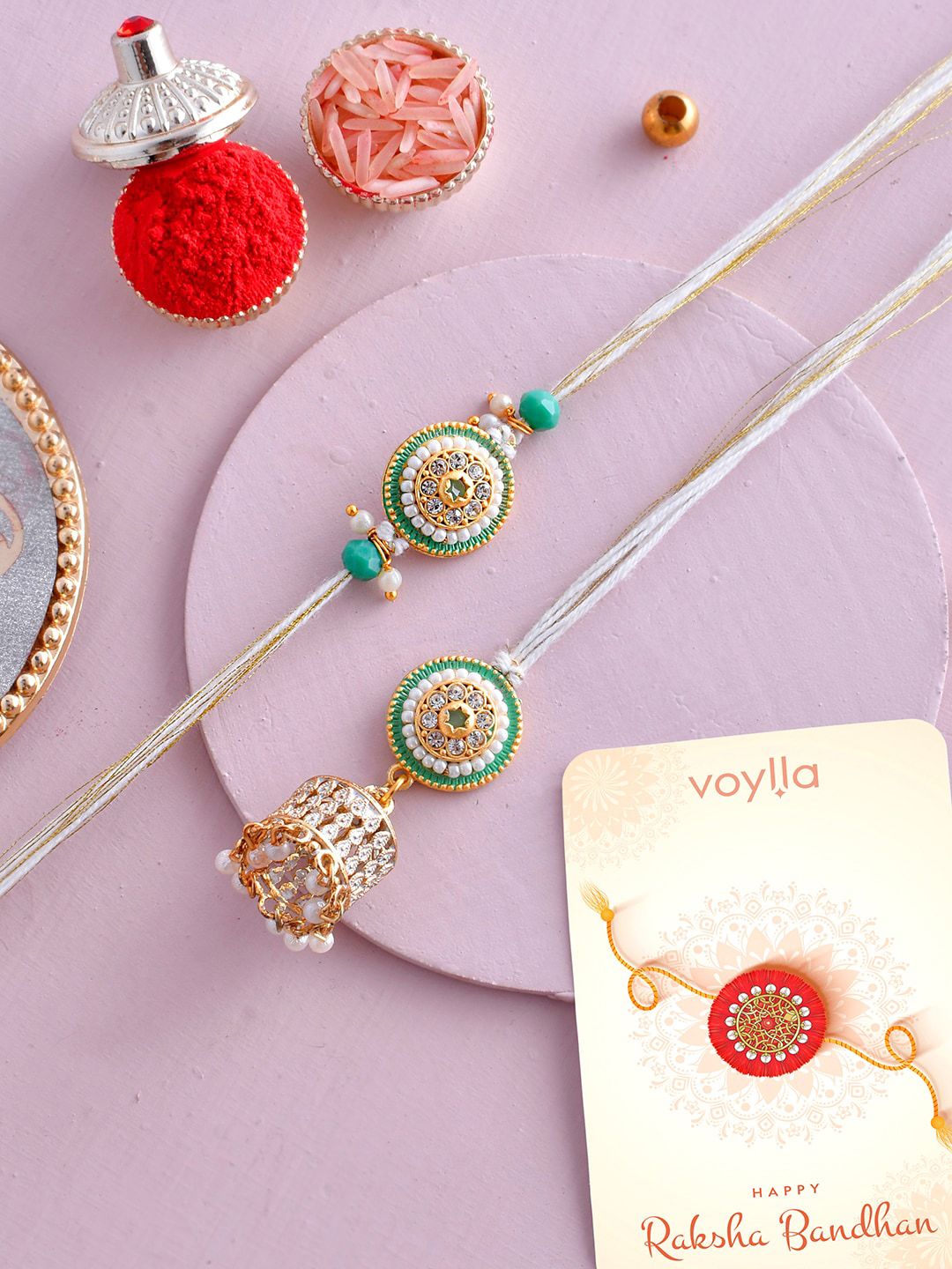 Voylla Set of 2 Pearls And Kundan Details Bhaiya Bhabhi Rakhi