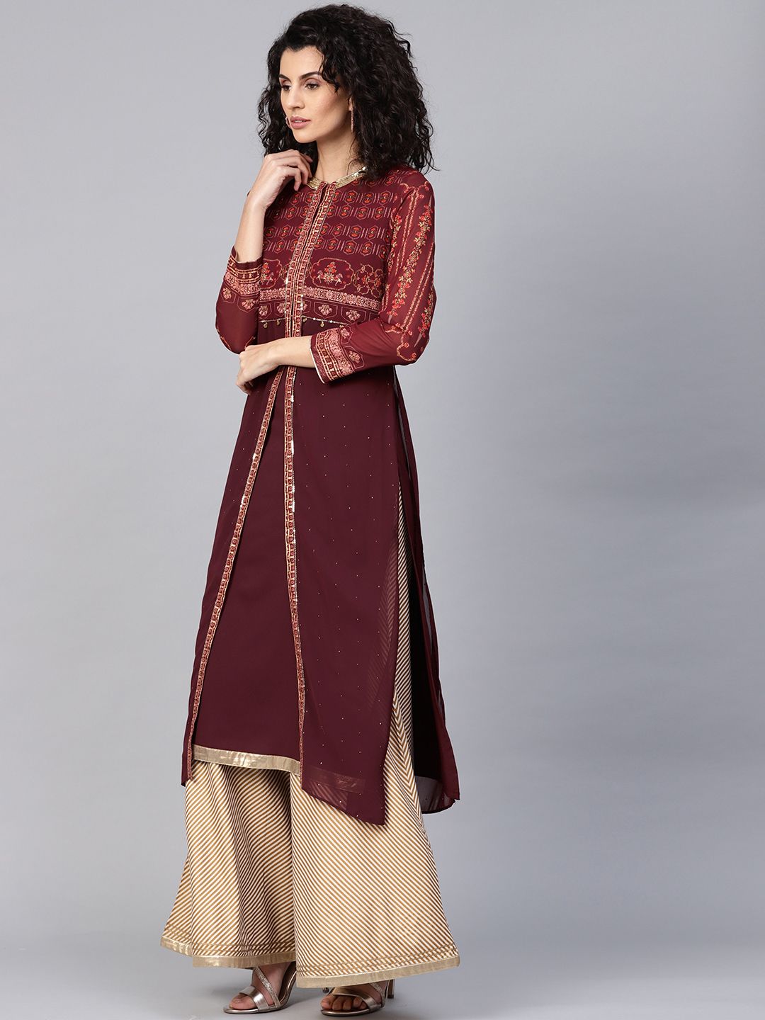 Wishful by W Women Burgundy Printed A-Line Layered Kurta with Ethnic Jacket