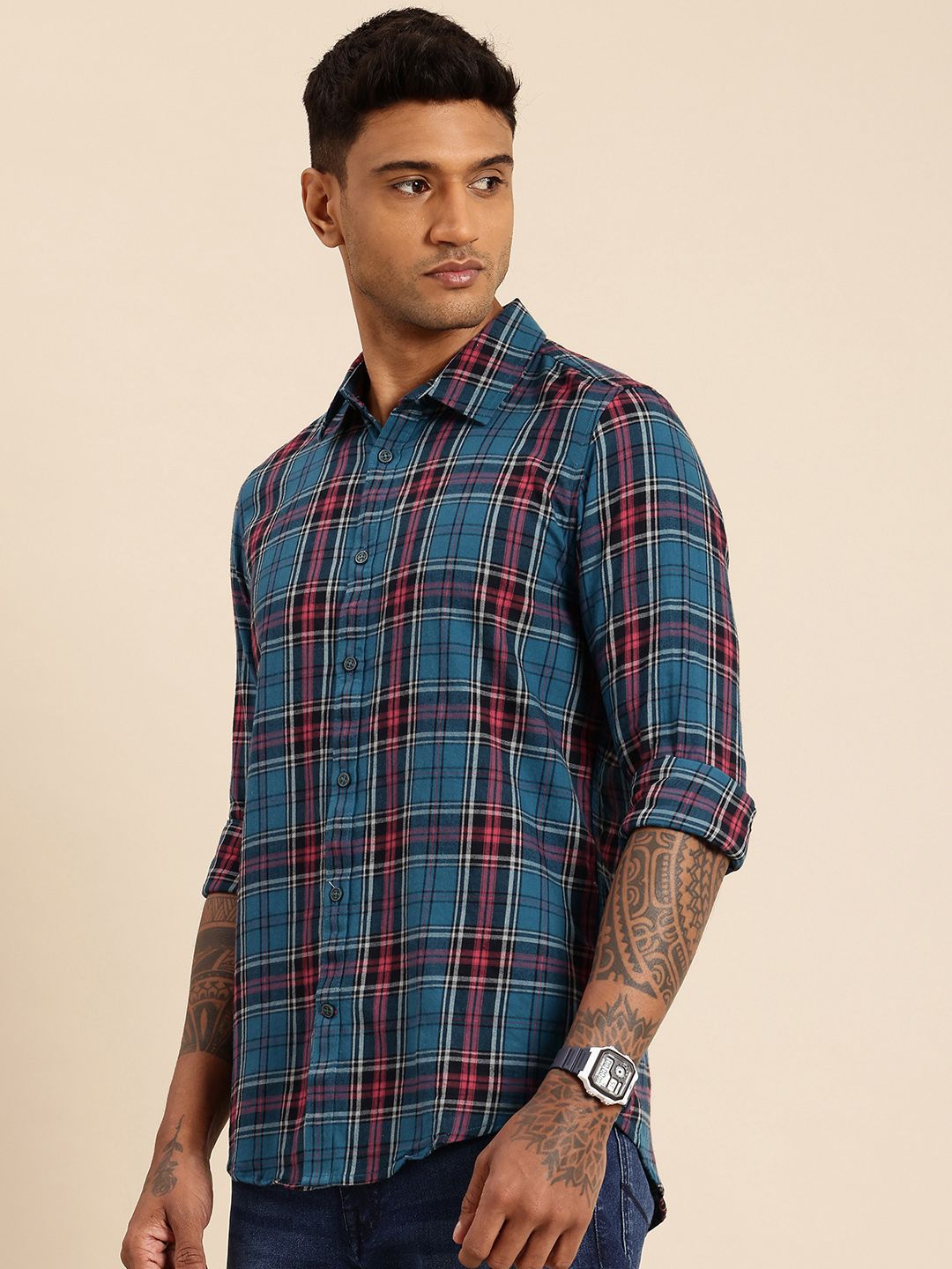 Being Human Pure Cotton Slim Fit Checked Casual Shirt