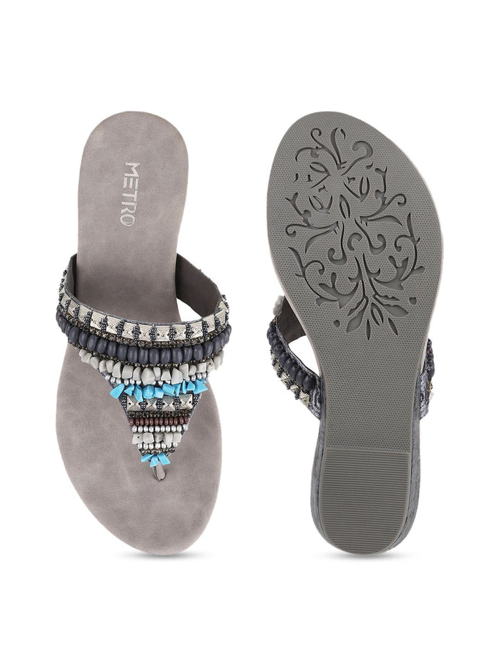 Metro Women Grey Embellished Ethnic Open Toe Flats