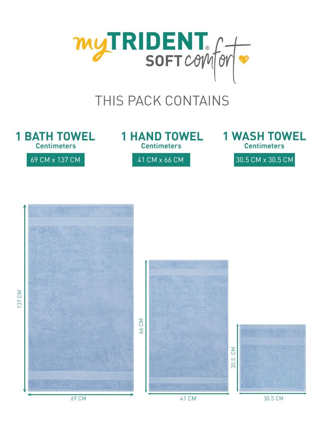 MYTRIDENT Soft Comfort Turquoise Blue 3 Pieces Pure Cotton 500 GSM Towel Set