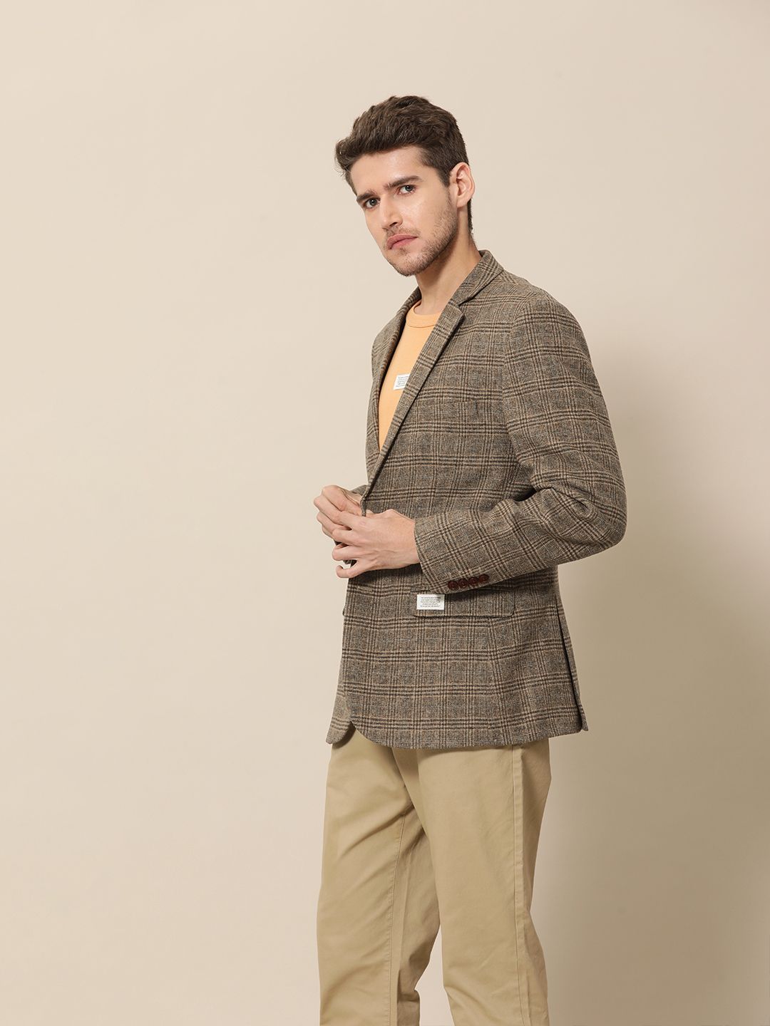 Mr. Bowerbird Men Brown Tailored-Fit Tartan Checked Single Breasted Casual Blazer
