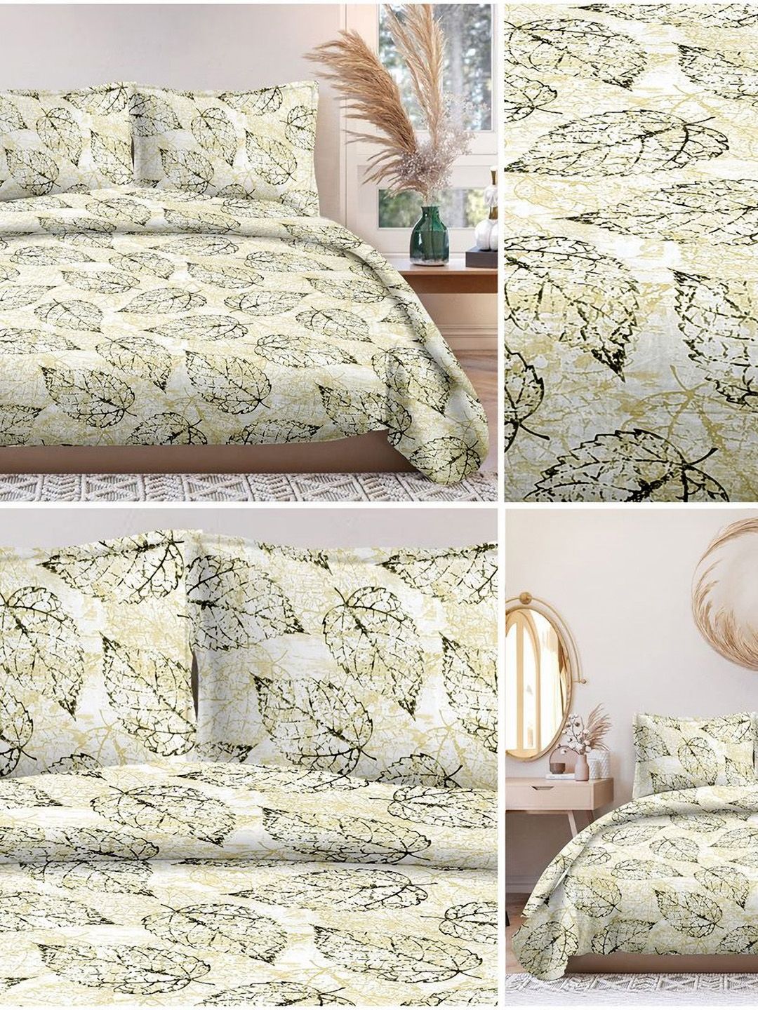 Cortina Glazed Cotton Green & White Floral 140 TC King Bedsheet with 2 Pillow Covers