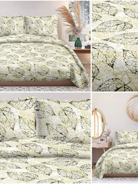Cortina Glazed Cotton Green & White Floral 140 TC King Bedsheet with 2 Pillow Covers