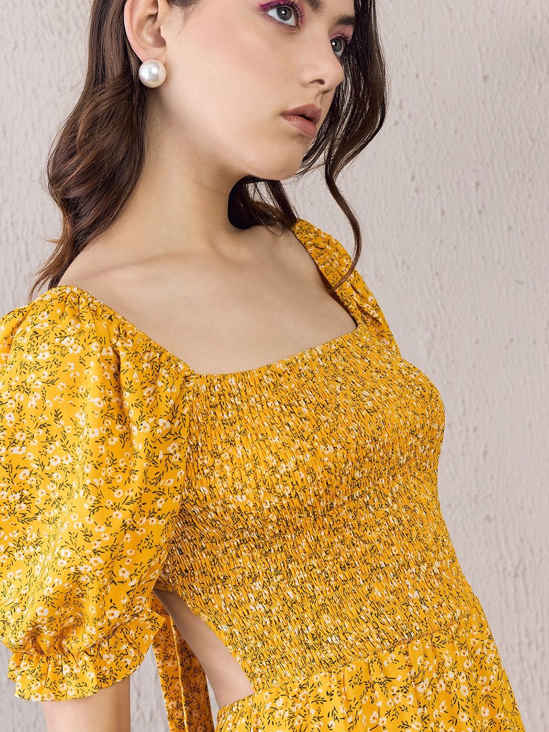 Berrylush Women Floral Print Puff Sleeve Ruffled Fit & Flare Dress