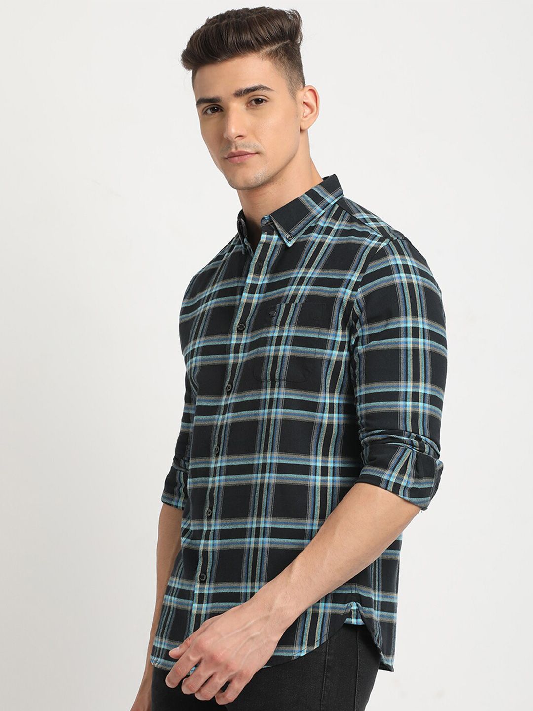 THE BEAR HOUSE Button-Down Collar Tartan Checks Long Sleeves Slim Fit Cotton Casual Shirt