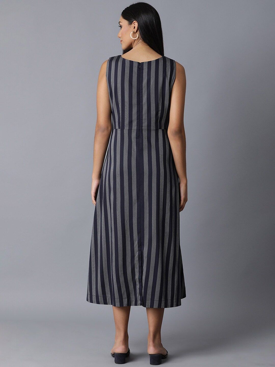 W Women Navy Blue Striped A-Line Dress