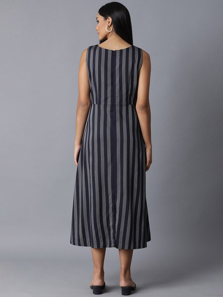 W Women Navy Blue Striped A-Line Dress