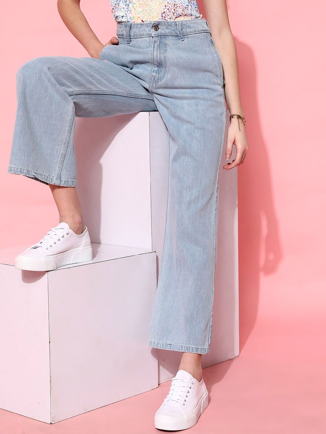 STREET 9 Women Blue Hottie Wide Leg High-Rise Low Distress Jeans