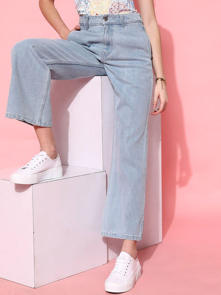 STREET 9 Women Blue Hottie Wide Leg High-Rise Low Distress Jeans