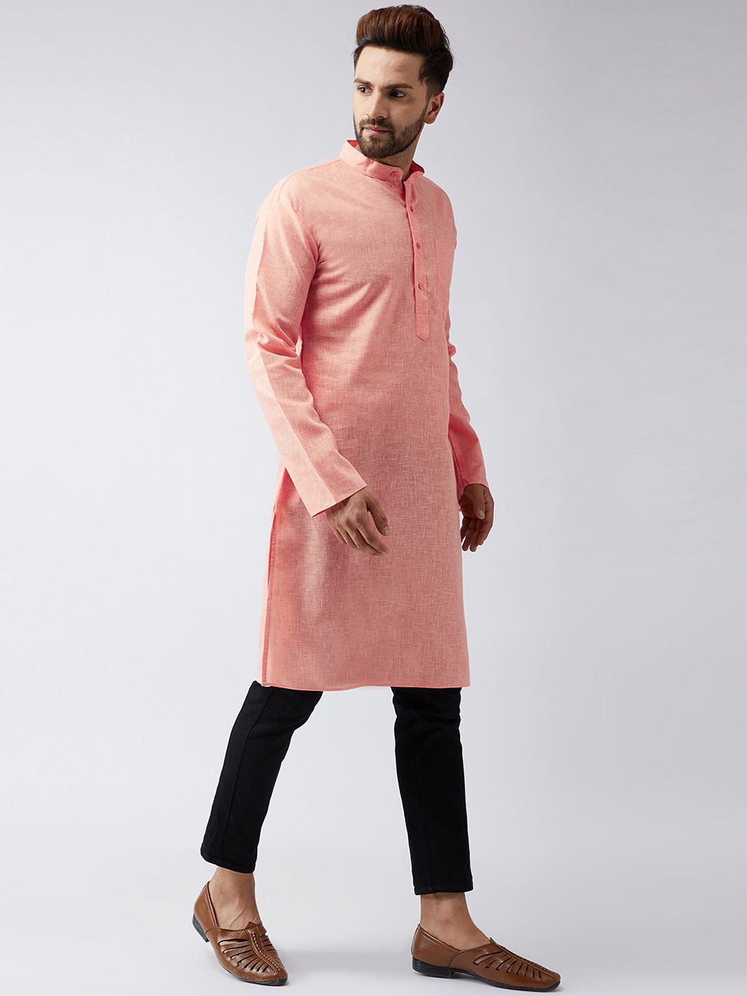 SOJANYA Men Peach-Coloured Woven Design Straight Kurta