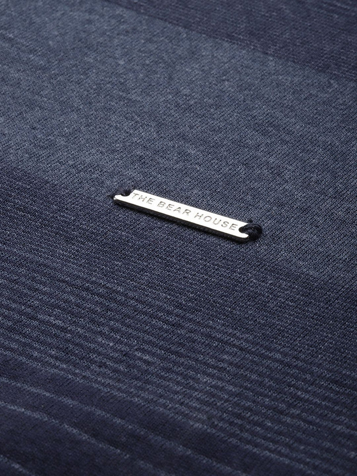 THE BEAR HOUSE Men Navy Blue & White Striped Polo Collar Slim Fit T-shirt