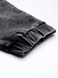 The Indian Garage Co Men Black Jean Slim Fit Heavy Fade Cuffed Hem Patch Work Jeans