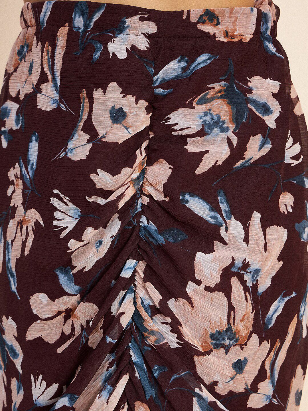 Antheaa Brown Rounched Floral Printed Square Neck Puff Sleeve Co-Ords